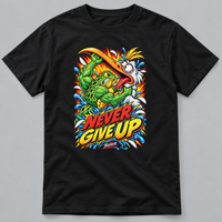 Load image into Gallery viewer, Never Give Up black T-shirt on soft gray background