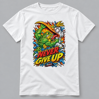 Load image into Gallery viewer, Never Give Up white T-shirt on soft gray background